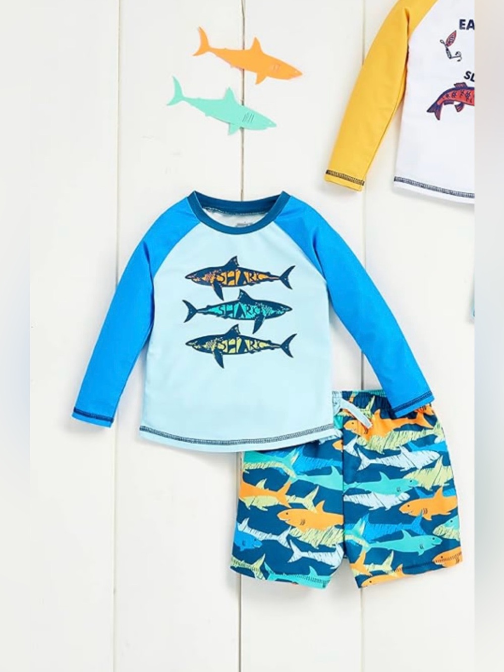 Mud Pie Baby Boys Shark Rash Guard Swim Trunks Set 6-9 months Bathing Suit NEW